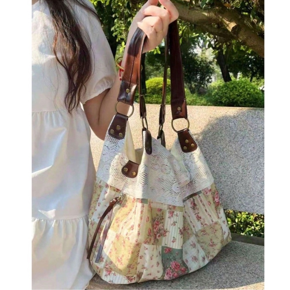 Boho Vegan Leather Double Straps Floral Print Patchwork Lace Shoulder Tote Bag